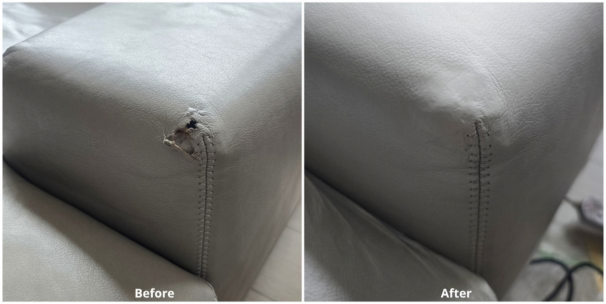 Dog bite damage on leather sofa restoration before and after - Furniture Clinic Hong Kong